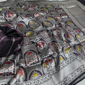 Pure handloom Katan silk allover Kadwa Tanchoi saree with intricate woven motifs and rich Banarasi craftsmanship
