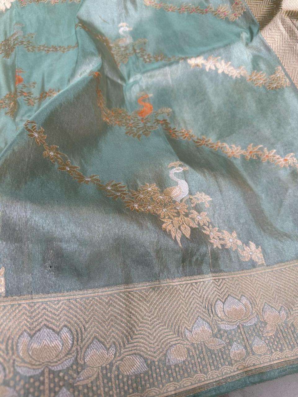 Pure Handloom Tissue Silk Kadwa Jungla Saree – Luminous Banarasi Weave with Regal Jaal