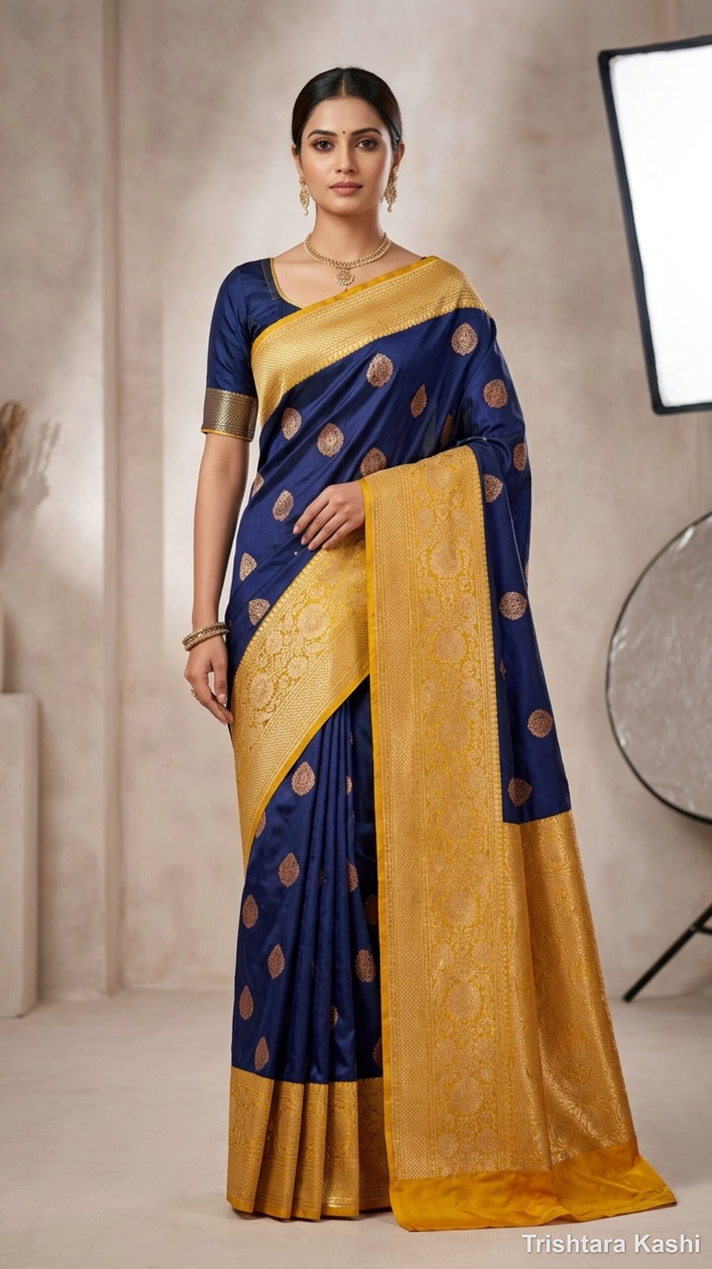 Pure Handloom Katan Silk Kadwa Banarasi Saree – Royal Navy Blue & Mustard Gold Contrast