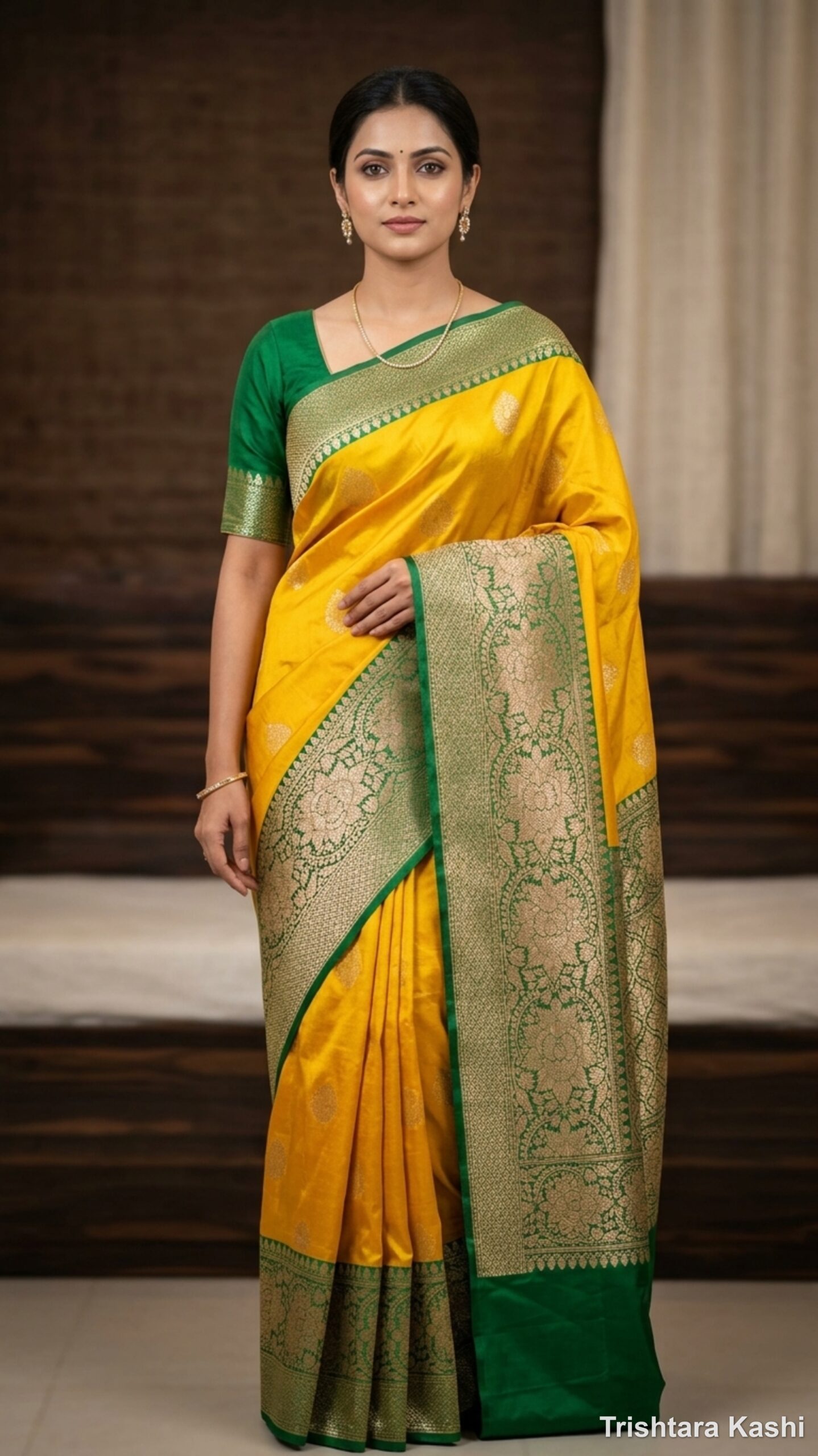Pure Handwoven Sunshine Yellow Banarasi Katan Silk Kadwa Saree with Emerald Green Border