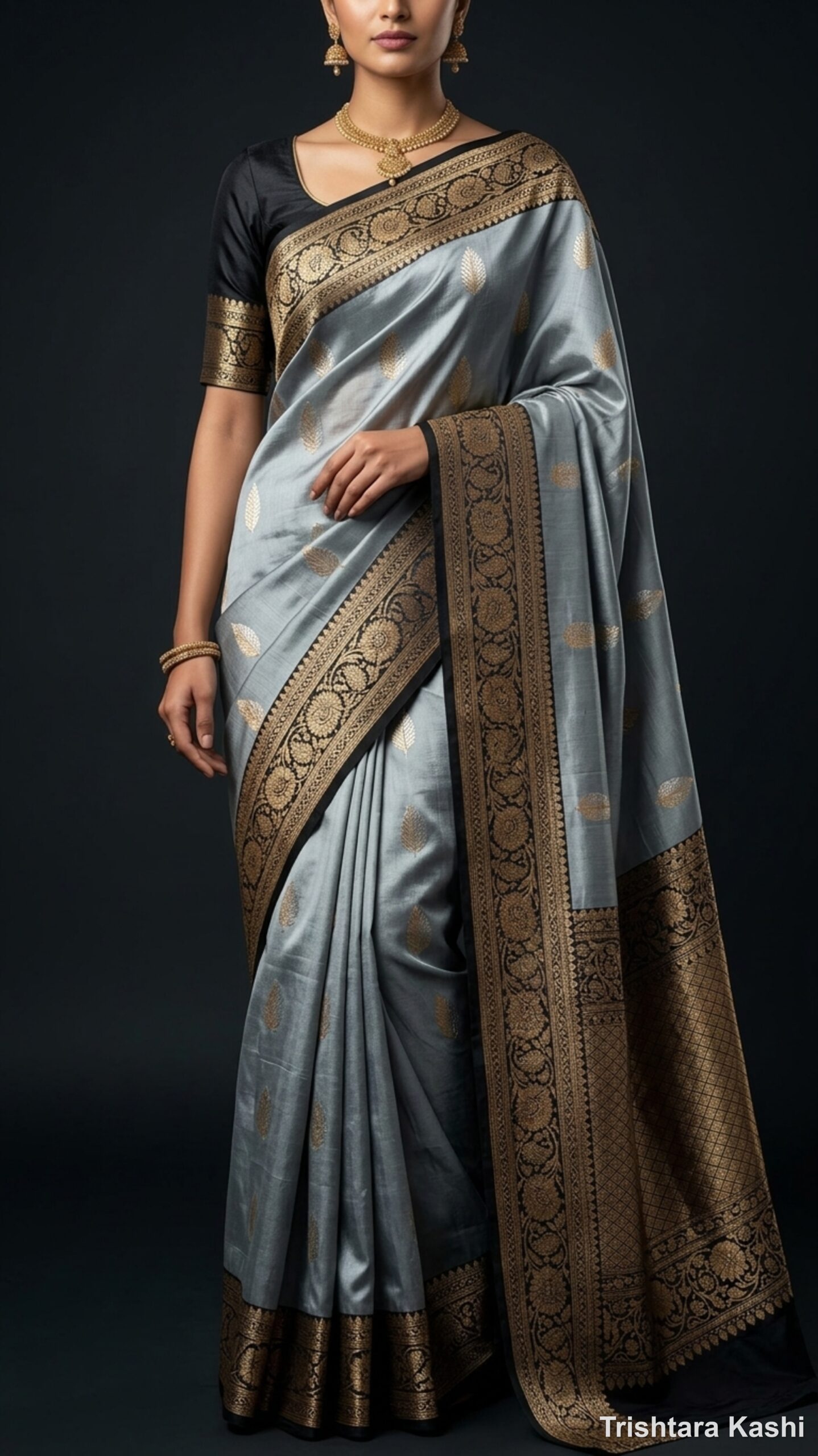 Pure Handloom Katan Silk Kadwa Banarasi Saree – Silver Grey & Black Sona Rupa Heritage Weave