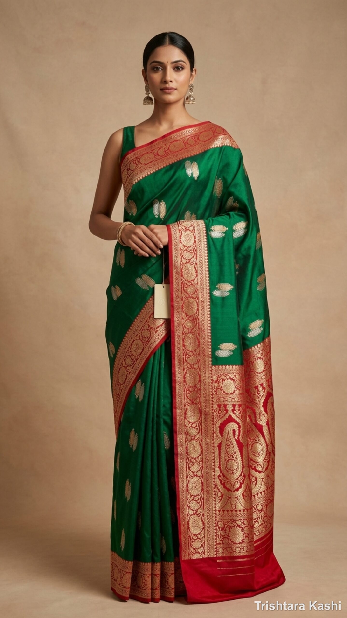 Pure Handloom Katan Silk Kadwa Banarasi Saree – Emerald Green & Crimson Sona-Rupa Zari Weave