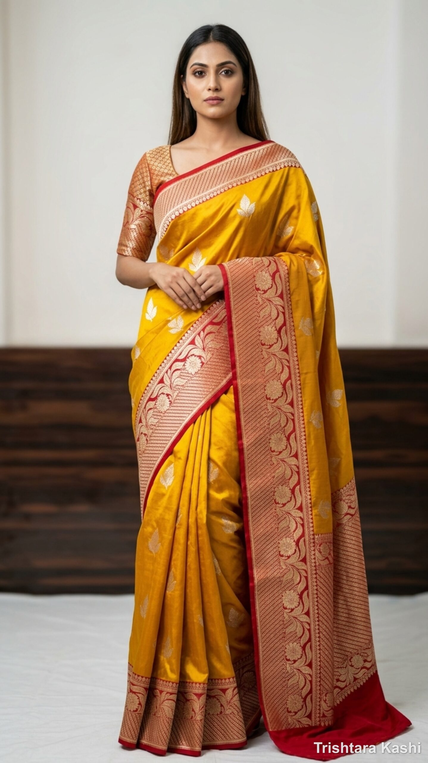 Pure Handloom Katan Silk Kadwa Banarasi Saree – Mustard Yellow & Crimson Red Contrast