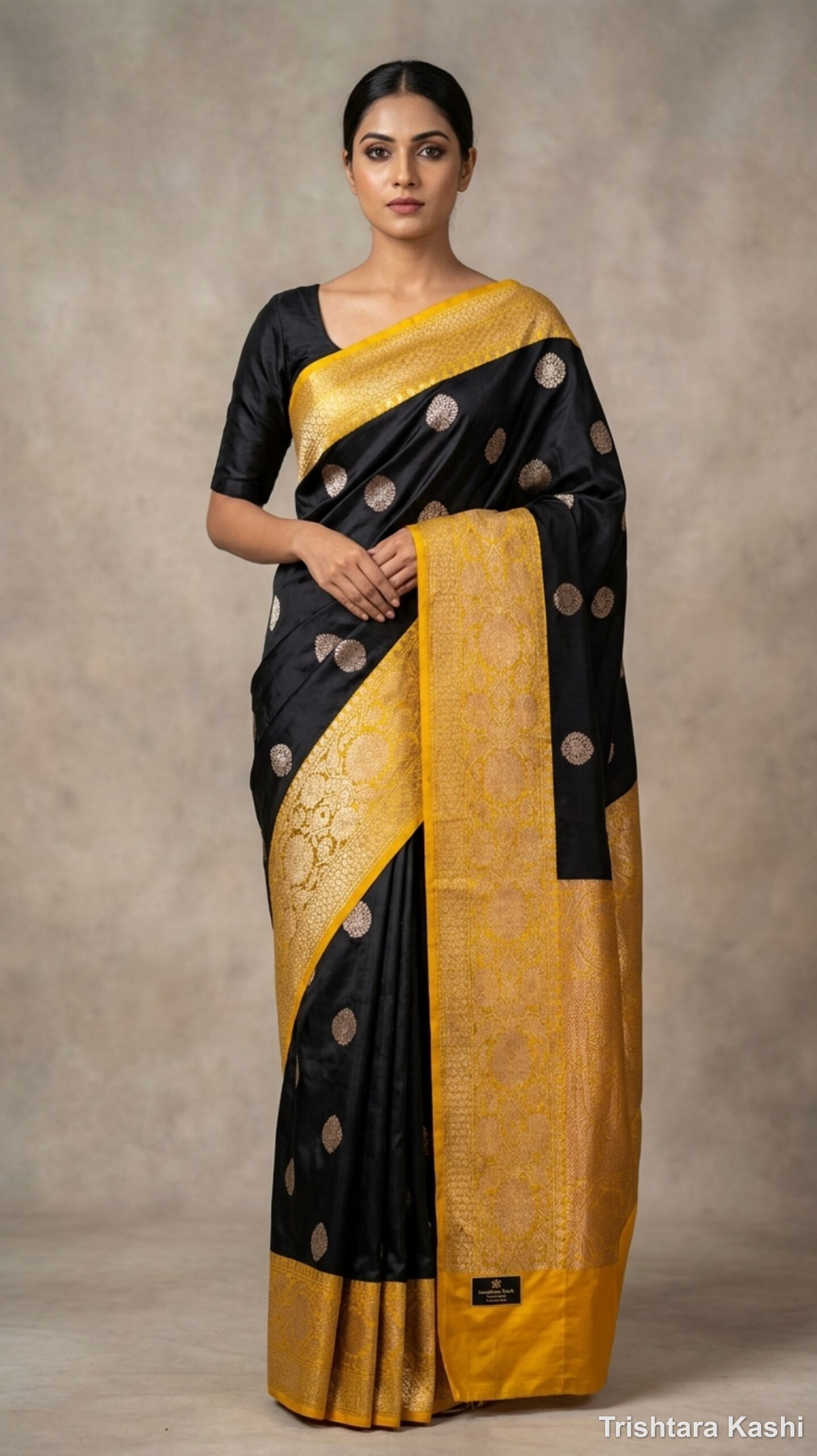 Pure Handloom Katan Silk Kadwa Banarasi Saree – Ebony Black & Turmeric Yellow Contrast