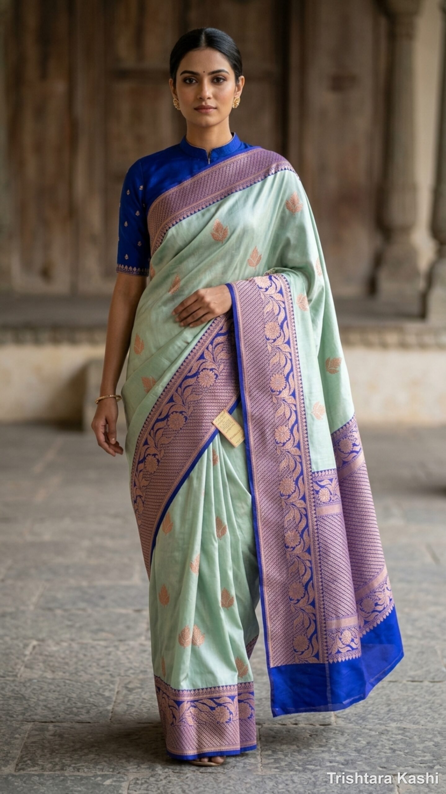 Pure Handloom Katan Silk Kadwa Banarasi Saree – Mint Green & Royal Blue Rose Gold Zari Weave