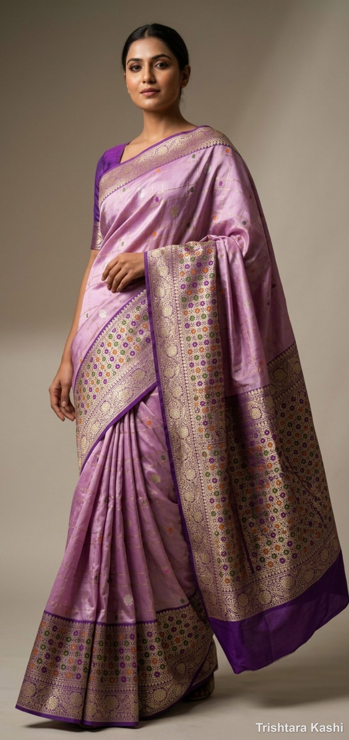 Pure Katan Silk Kadhiyal Kadwa Meenakari Banarasi Saree – Lavender Heritage Masterpiece