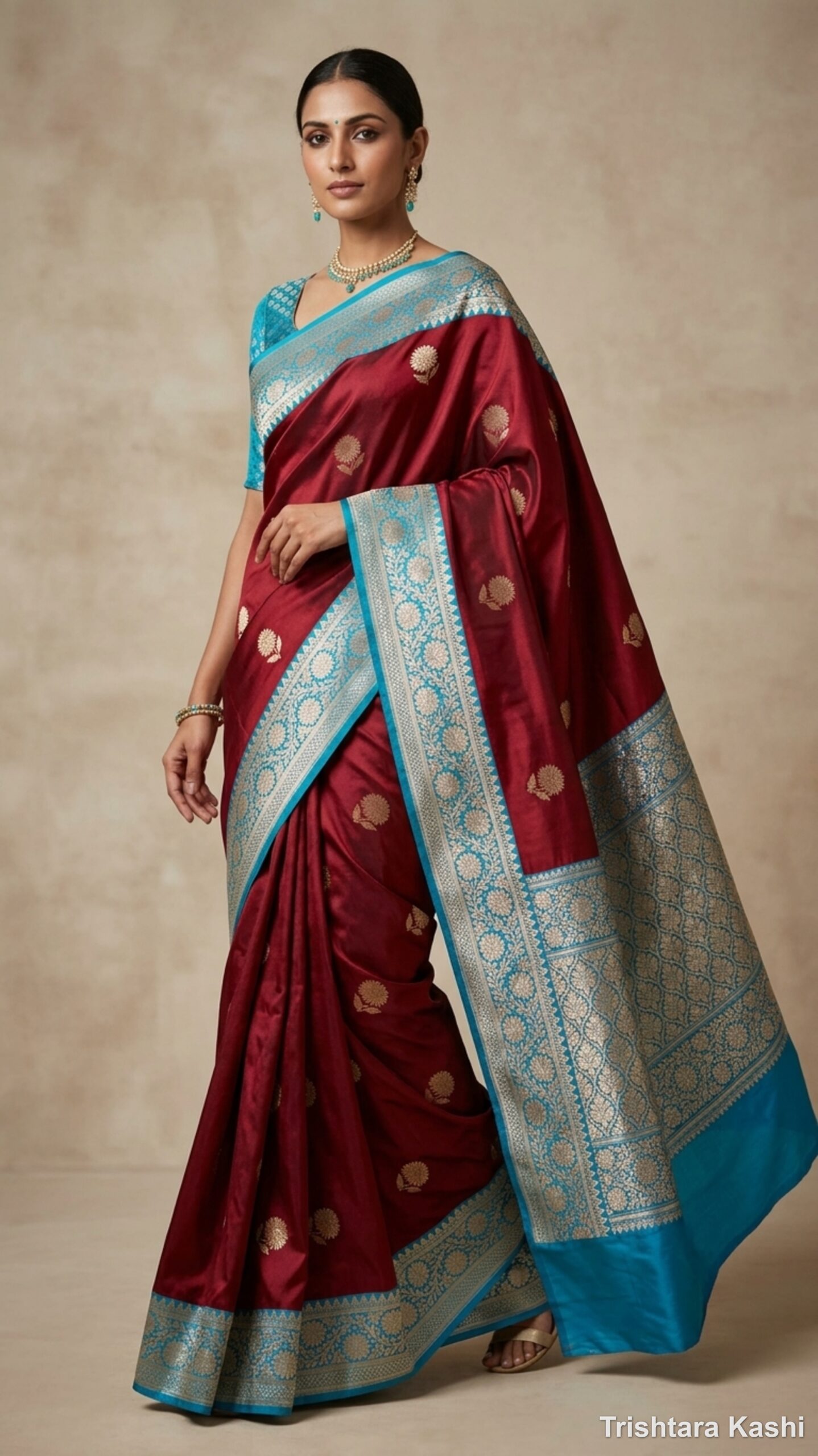 Pure Handloom Katan Silk Kadwa Banarasi Saree – Royal Maroon & Turquoise Contrast