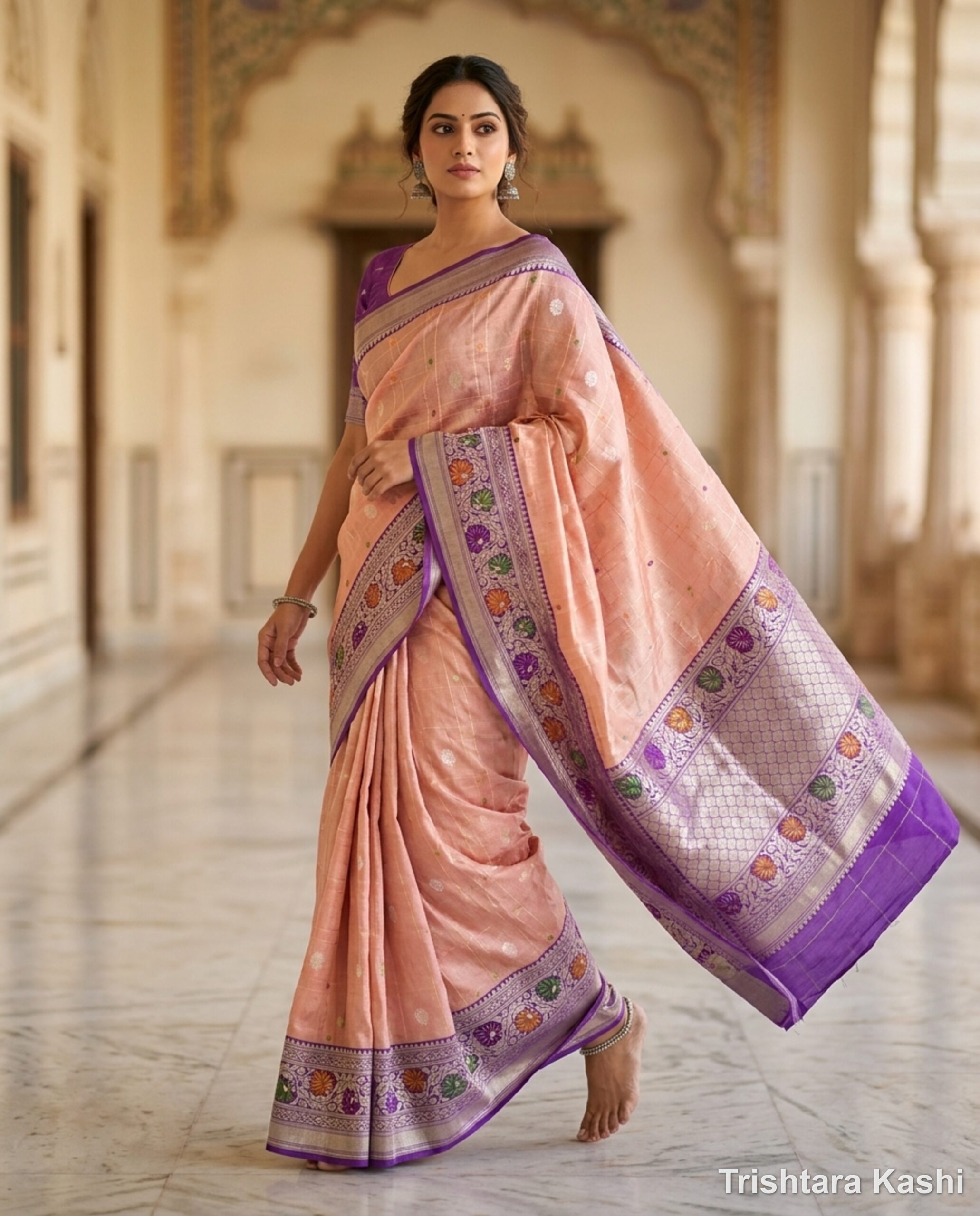 Pure Peach Katan Silk Kadwa Kadhiyal Meenakari Banarasi Saree – Heritage Luxury Drape