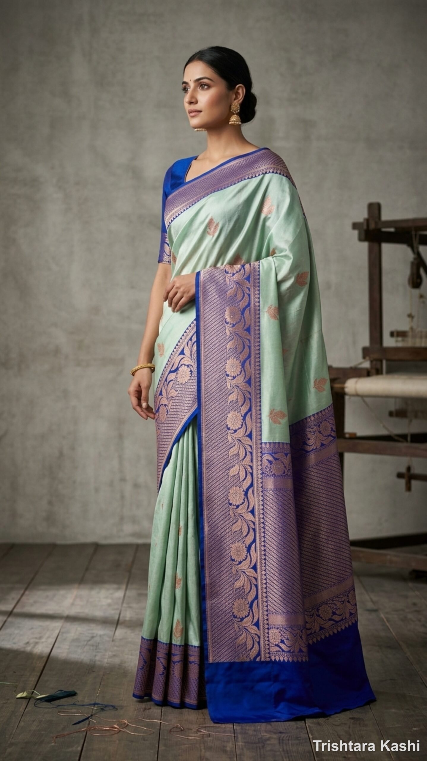 Pure Handloom Katan Silk Kadwa Banarasi Saree – Mint Green & Royal Blue Rose Gold Zari Weave