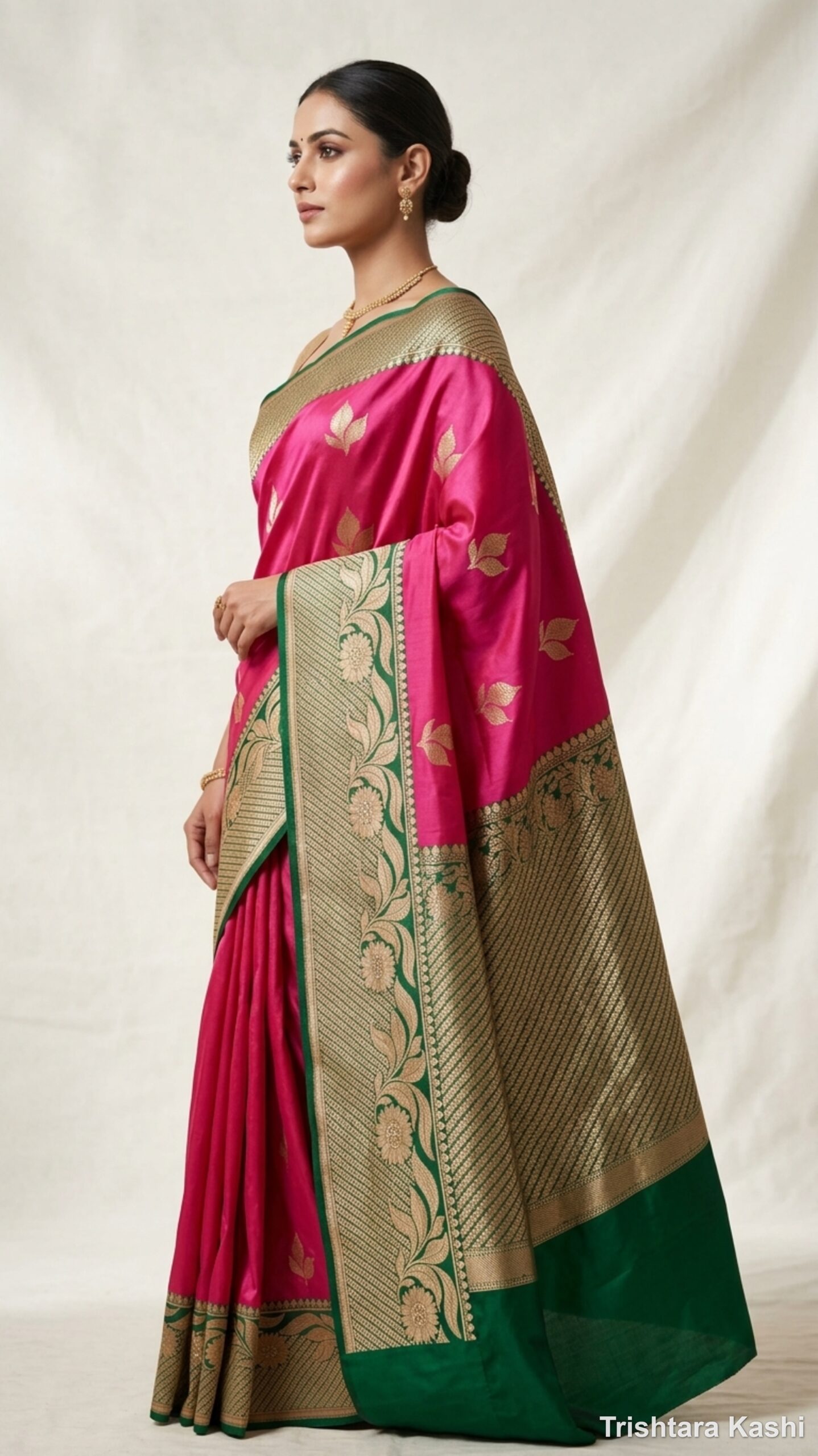 Pure Handloom Katan Silk Kadwa Banarasi Saree – Fuchsia Pink & Emerald Green Contrast