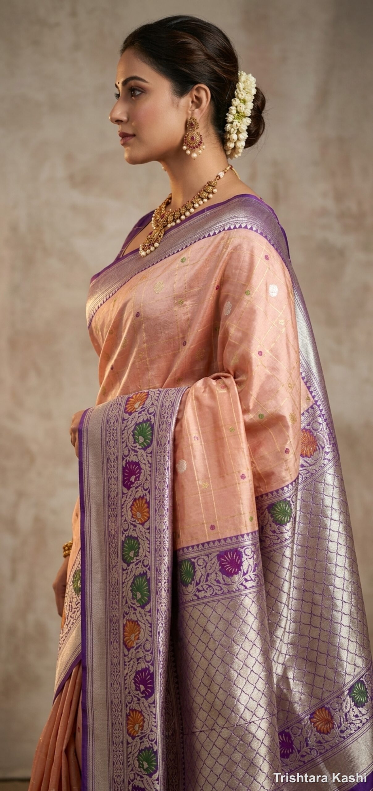 Pure Peach Katan Silk Kadwa Kadhiyal Meenakari Banarasi Saree – Heritage Luxury Drape