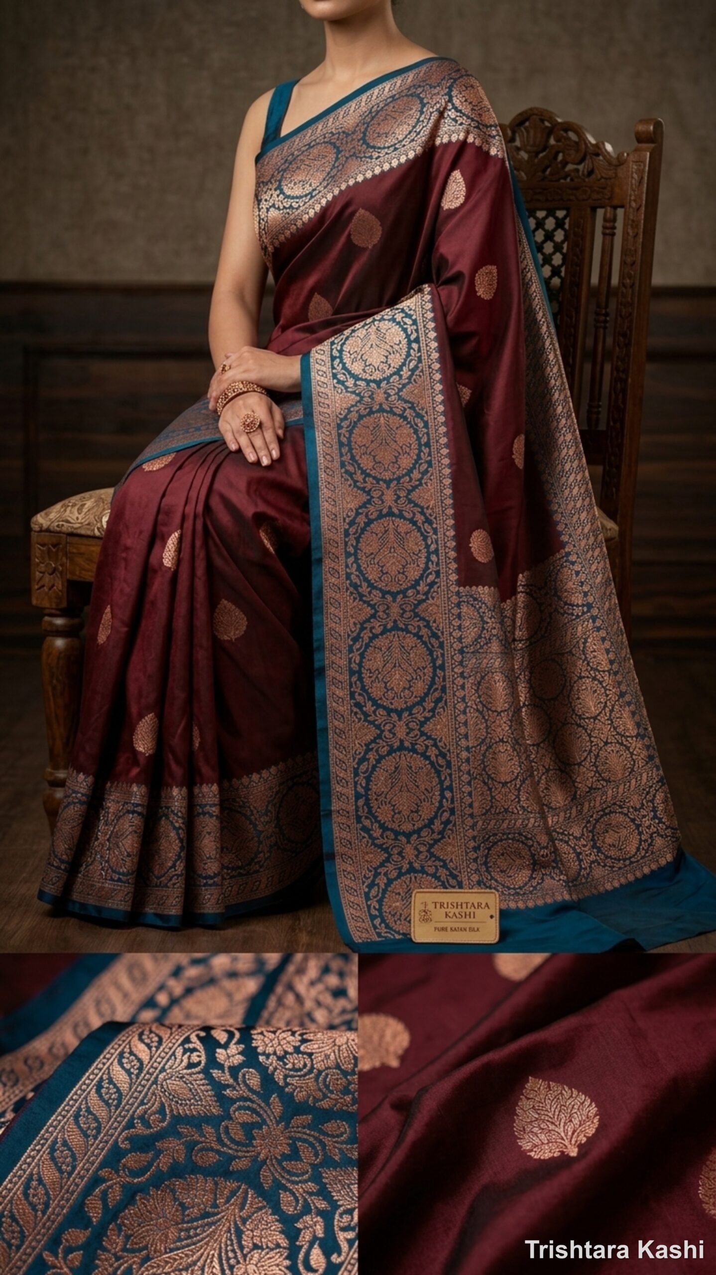 Pure Maroon Banarasi Katan Silk Kadwa Saree – Peacock Blue Antique Copper Zari Heritage Weave