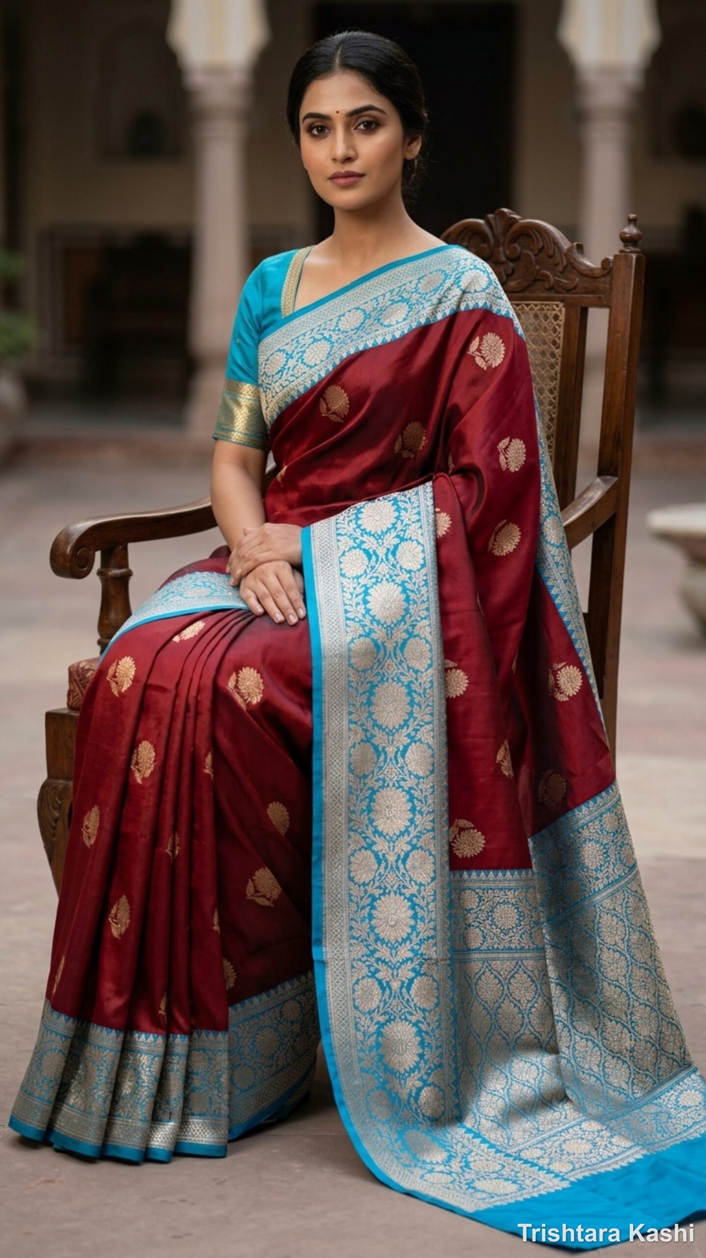Pure Handloom Katan Silk Kadwa Banarasi Saree – Royal Maroon & Turquoise Contrast