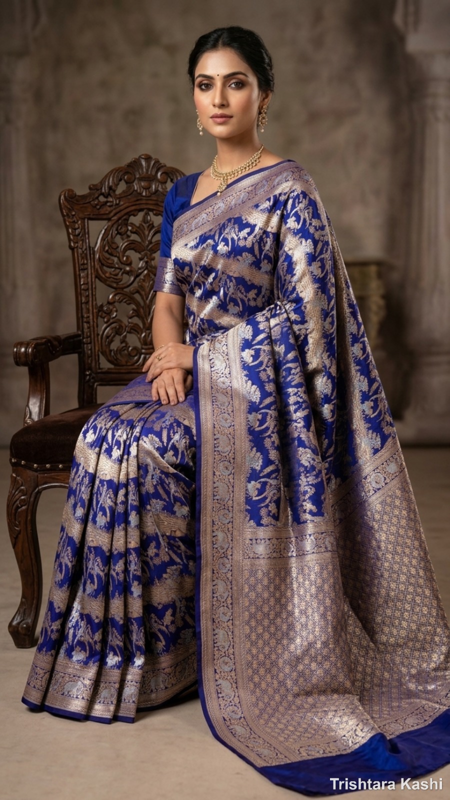 Pure Handwoven Deep Indigo Banarasi Silk Shikargah Saree – Regal Heritage Weave with Sona Roopa Zari Artistry