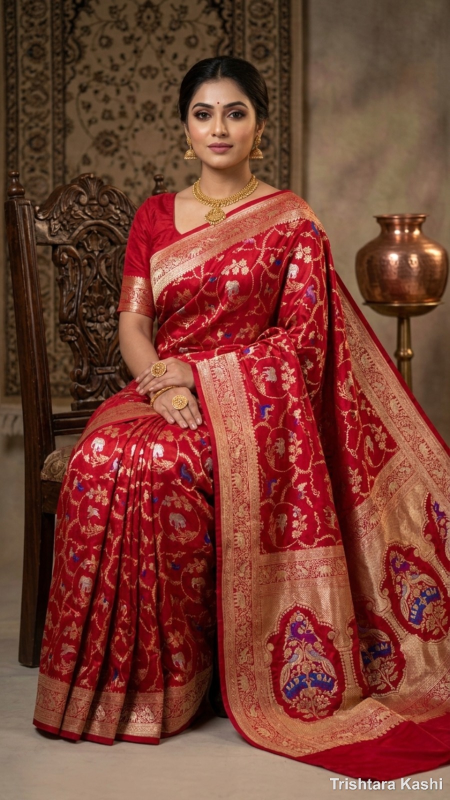 Pure Handwoven Red Banarasi Silk Shikargah Saree – Regal Heritage Weave with Sona Roopa Zari