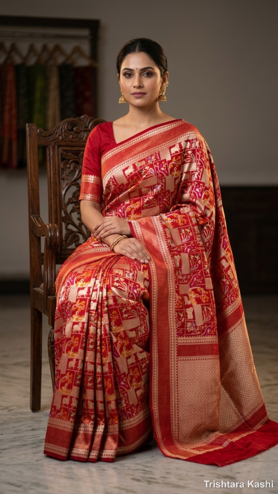 Pure Handwoven Red Banarasi Silk Heritage Grid Saree – Regal Motif Weave with Gold Zari Elegance