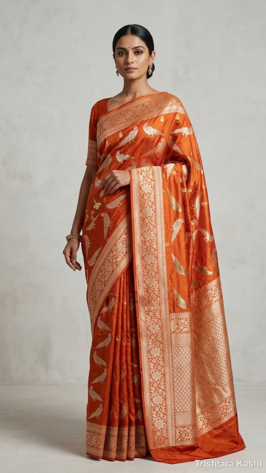 Pure Handwoven Vibrant Orange Banarasi Silk Bird Motif Saree – Regal Heritage Weave with Floral Zari Elegance