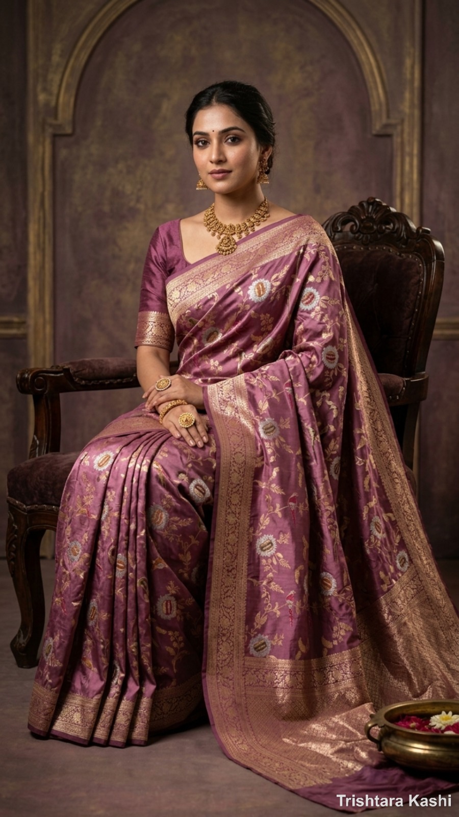 Pure Handwoven Mauve Banarasi Silk Bird Motif Jaal Saree – Regal Heritage Weave with Gold Zari