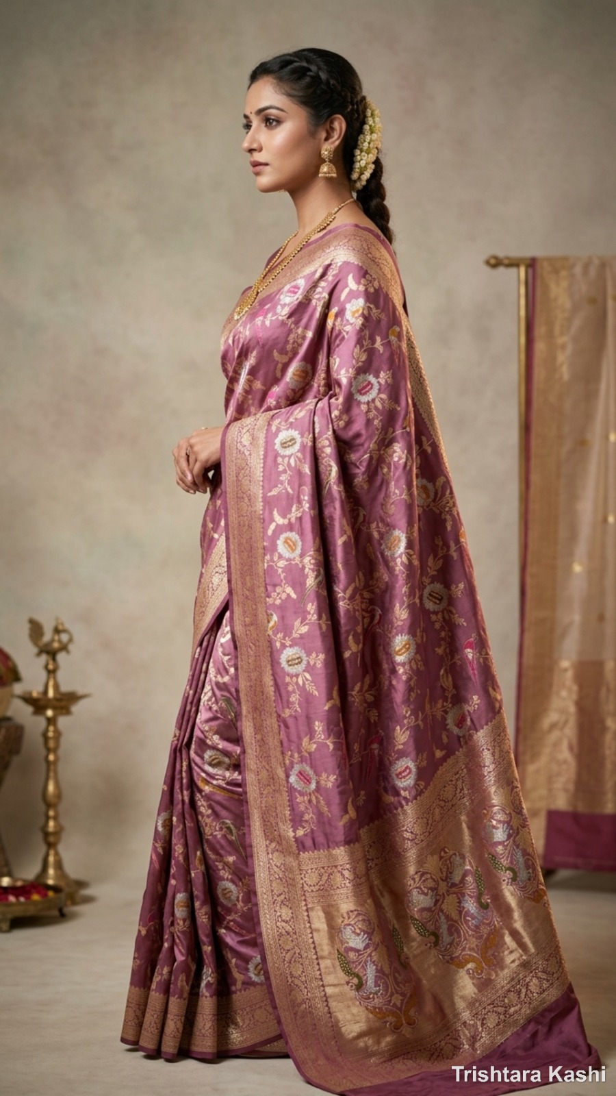 Pure Handwoven Mauve Banarasi Silk Bird Motif Jaal Saree – Regal Heritage Weave with Gold Zari