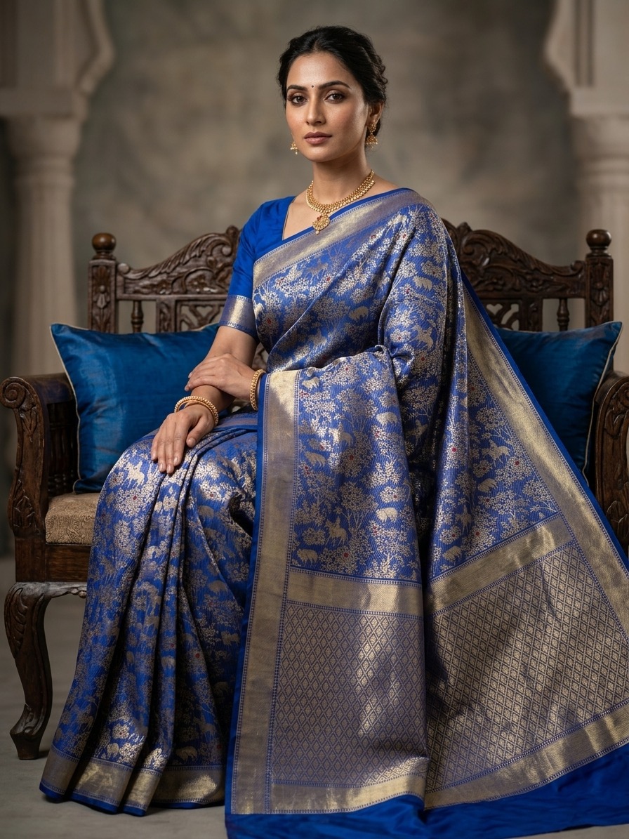 Pure Handloom Khinkhab Shikargah Royal Blue Saree – The Pinnacle of Banarasi Royalty