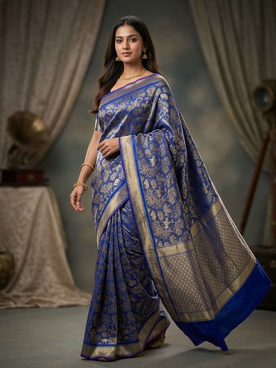 Pure Handloom Khinkhab Shikargah Royal Blue Saree – The Pinnacle of Banarasi Royalty