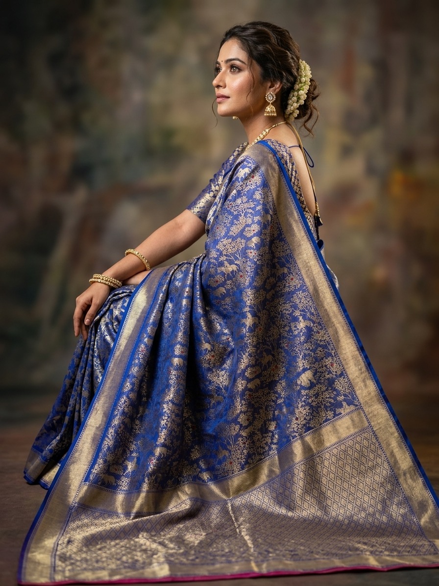 Pure Handloom Khinkhab Shikargah Royal Blue Saree – The Pinnacle of Banarasi Royalty