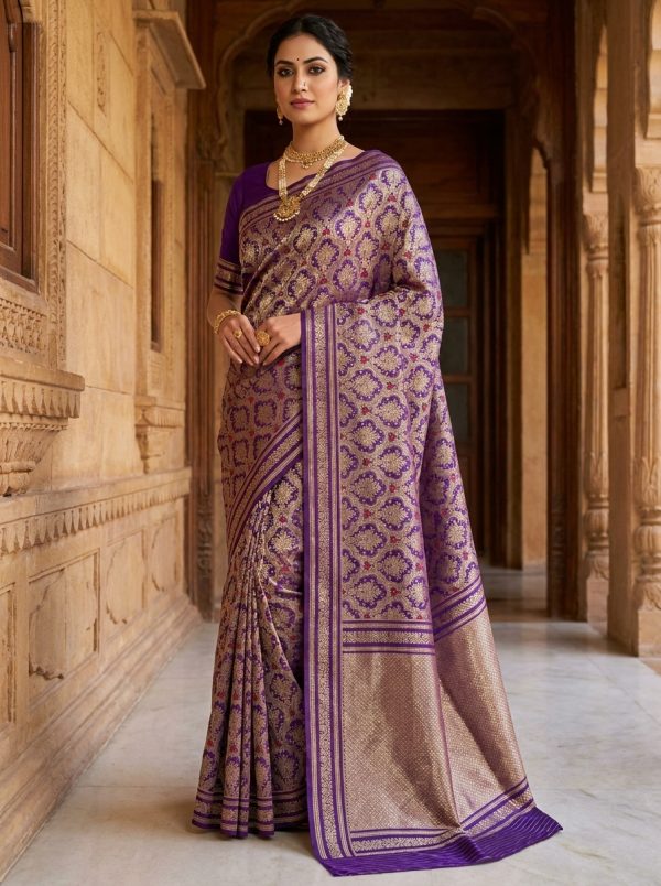 Purple and gold handloom Banarasi saree styled in a heritage corridor