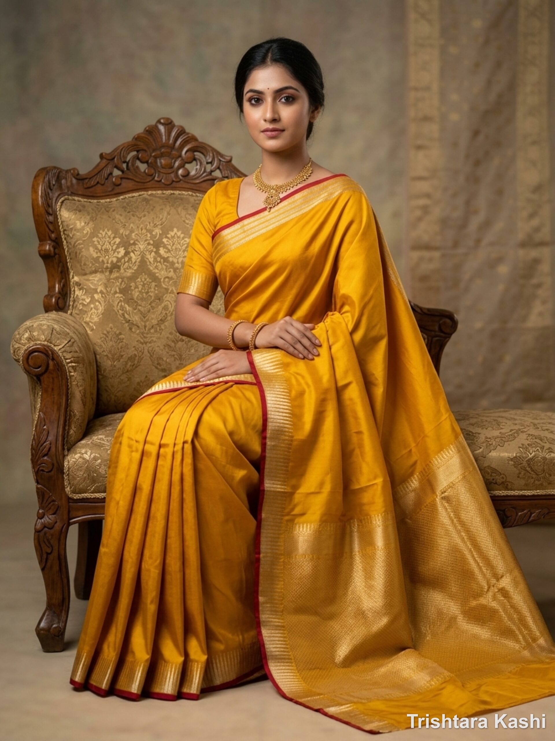 Pure Handloom Silk Saree in Turmeric Yellow with Real Zari Temple Border