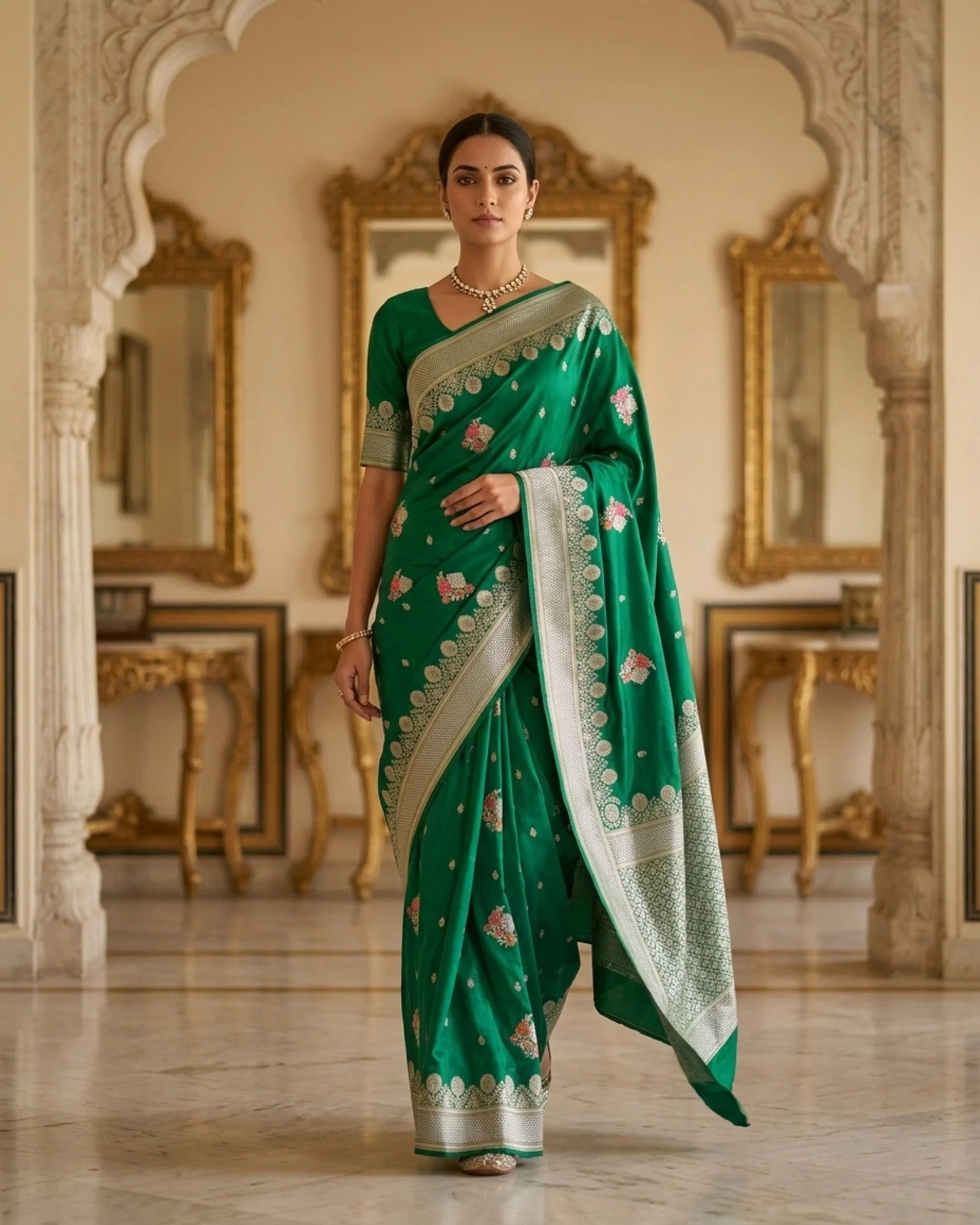 Full-length view of Emerald Green Katan Silk Kadwa Banarasi Saree