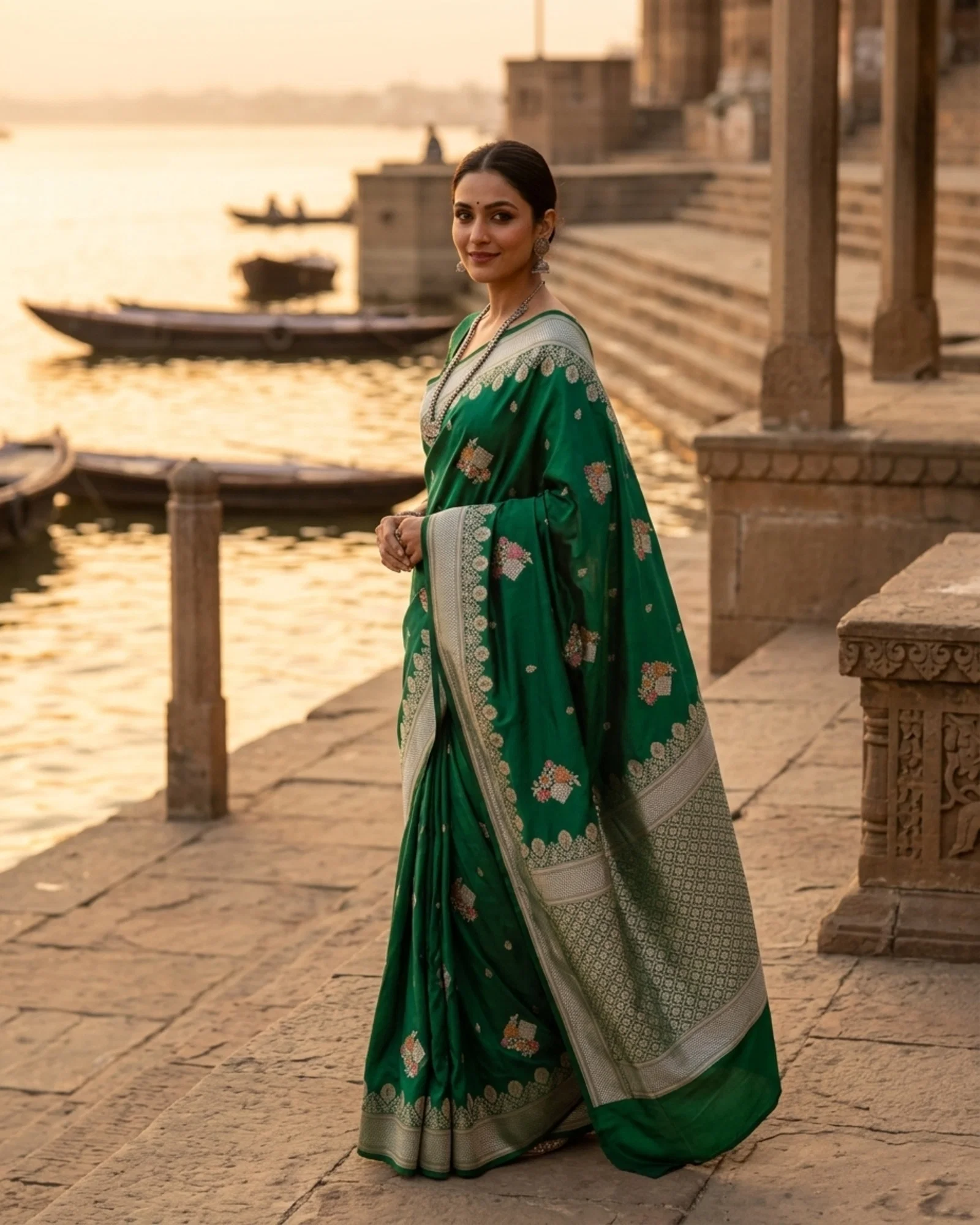 Emerald Green Kadwa Meenakari Banarasi Saree with Silver Zari border