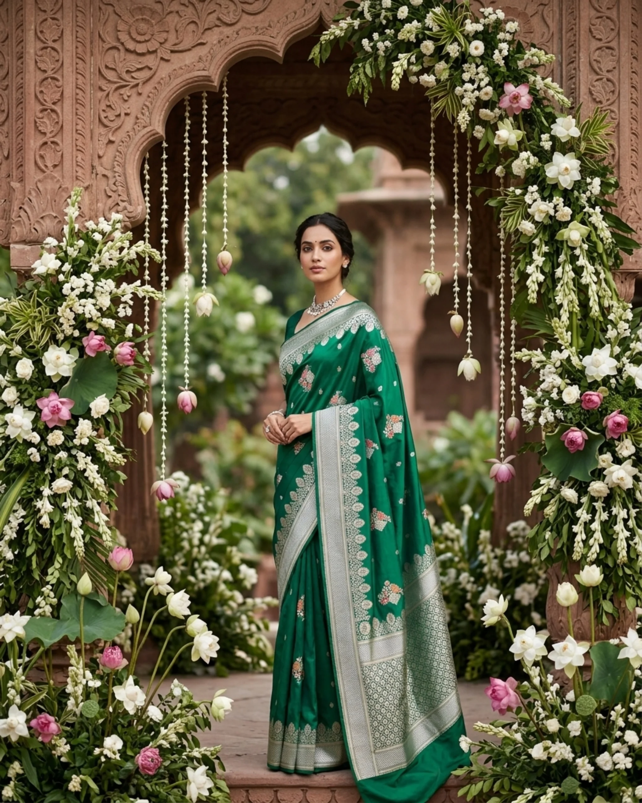 Emerald Green Banarasi Saree with Meenakari floral motifs