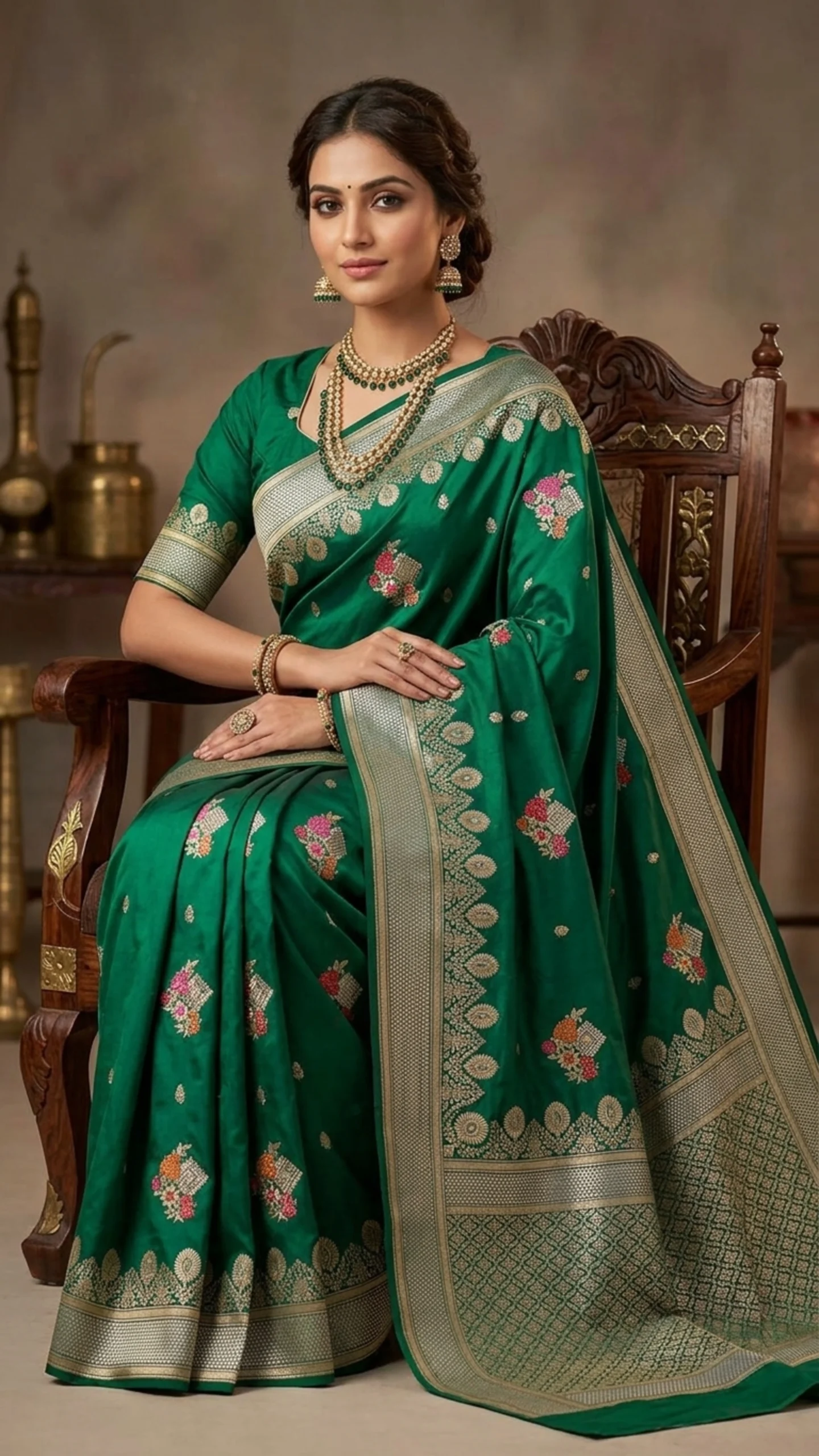Emerald Green Katan Silk Banarasi Saree with matching bordered blouse