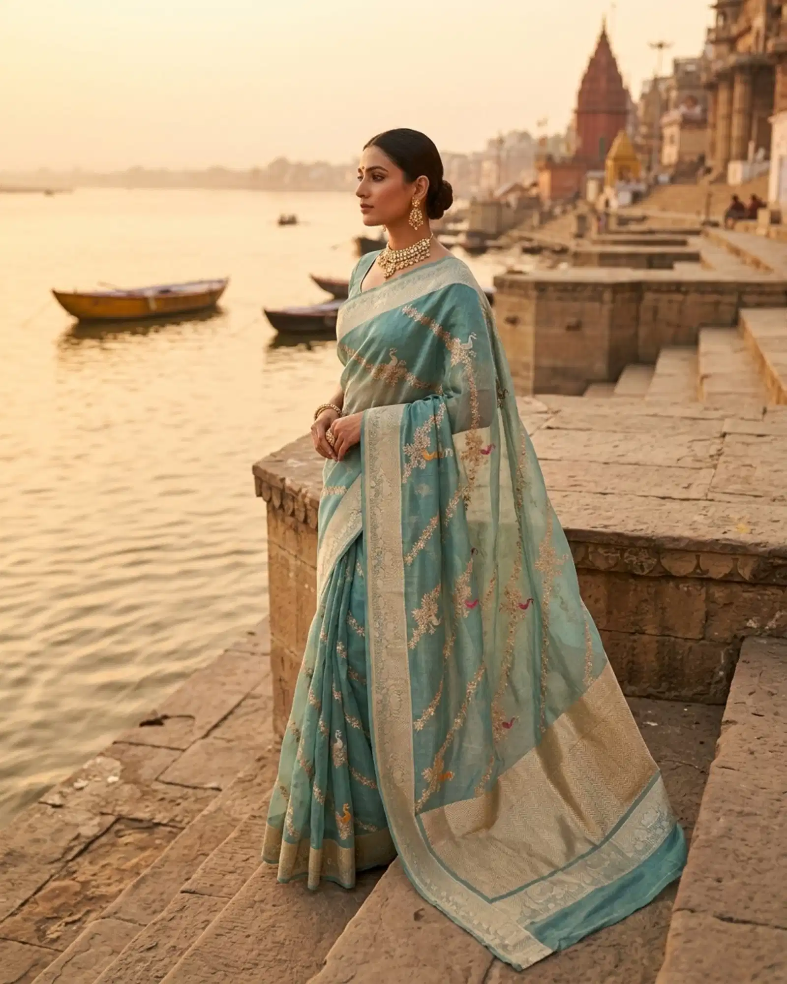 Seafoam Green Tissue Silk Kadwa Meenakari Banarasi Saree at Banarasi ghat sunset