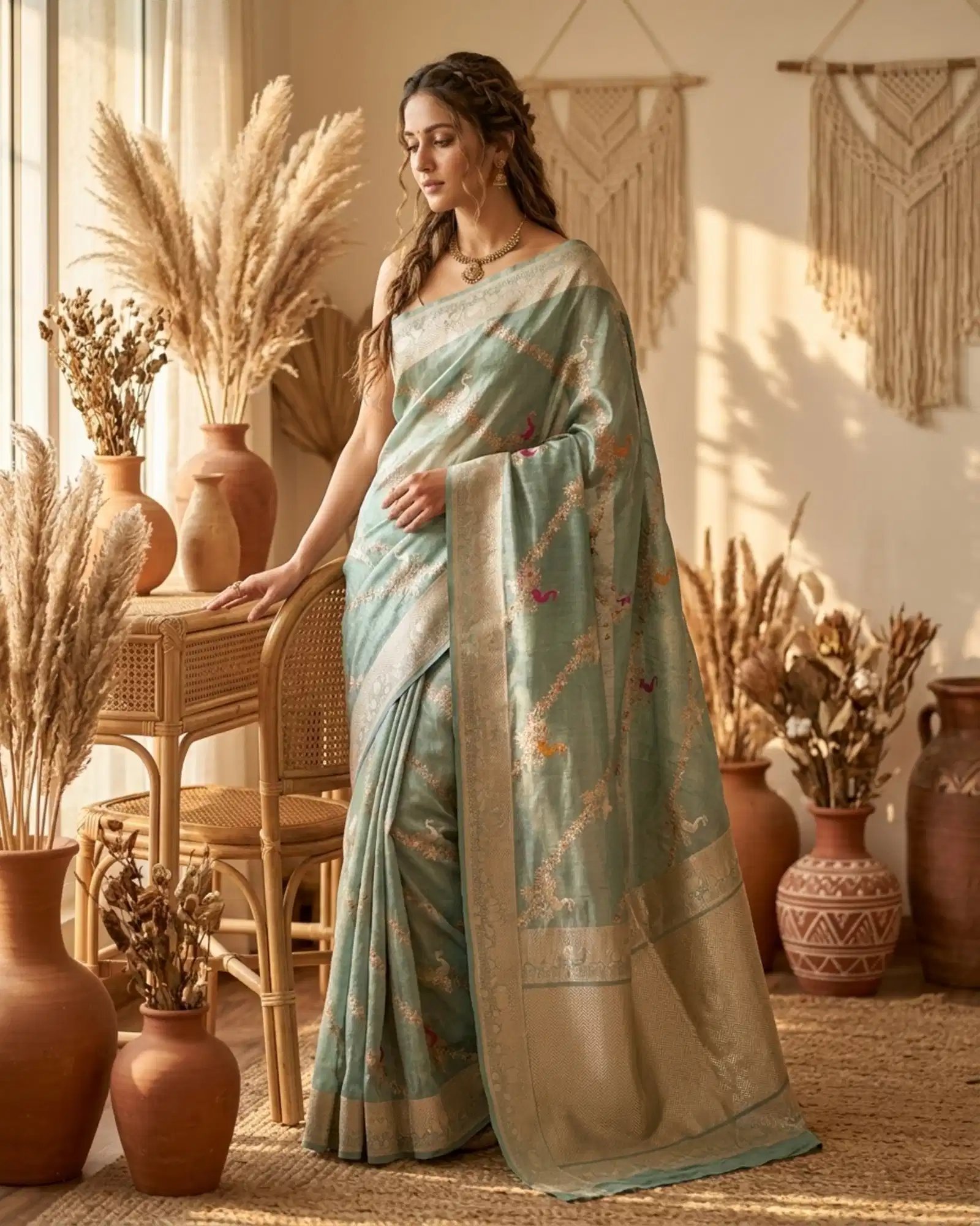 Seafoam Green Tissue Silk Kadwa Meenakari Banarasi Saree styled in a bohemian lounge