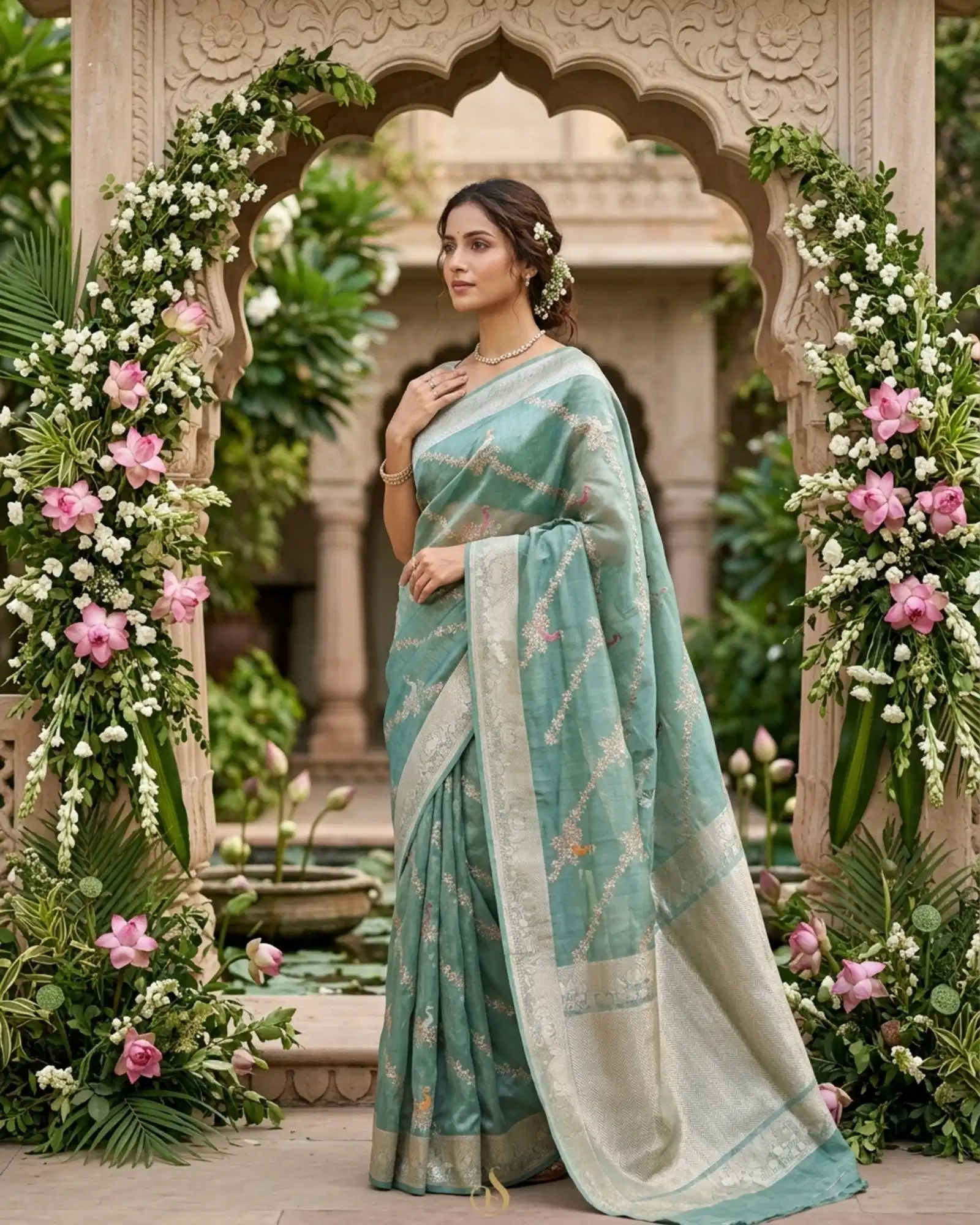 Seafoam Green Tissue Silk Kadwa Meenakari Banarasi Saree floral arch portrait