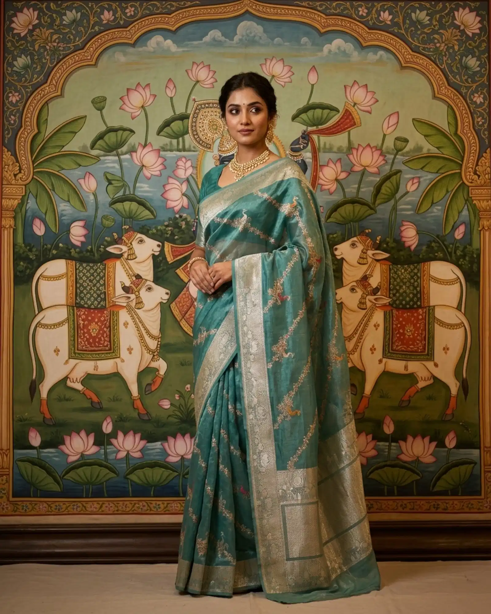 Seafoam Green Tissue Silk Kadwa Meenakari Banarasi Saree Pichwai heritage portrait