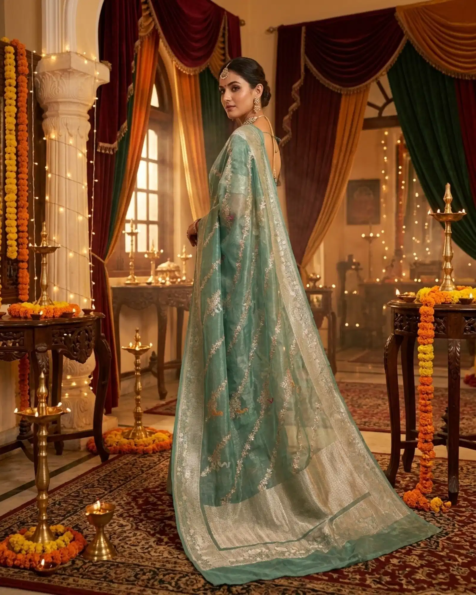 Seafoam Green Tissue Silk Kadwa Meenakari Banarasi Saree rear pallu showcase