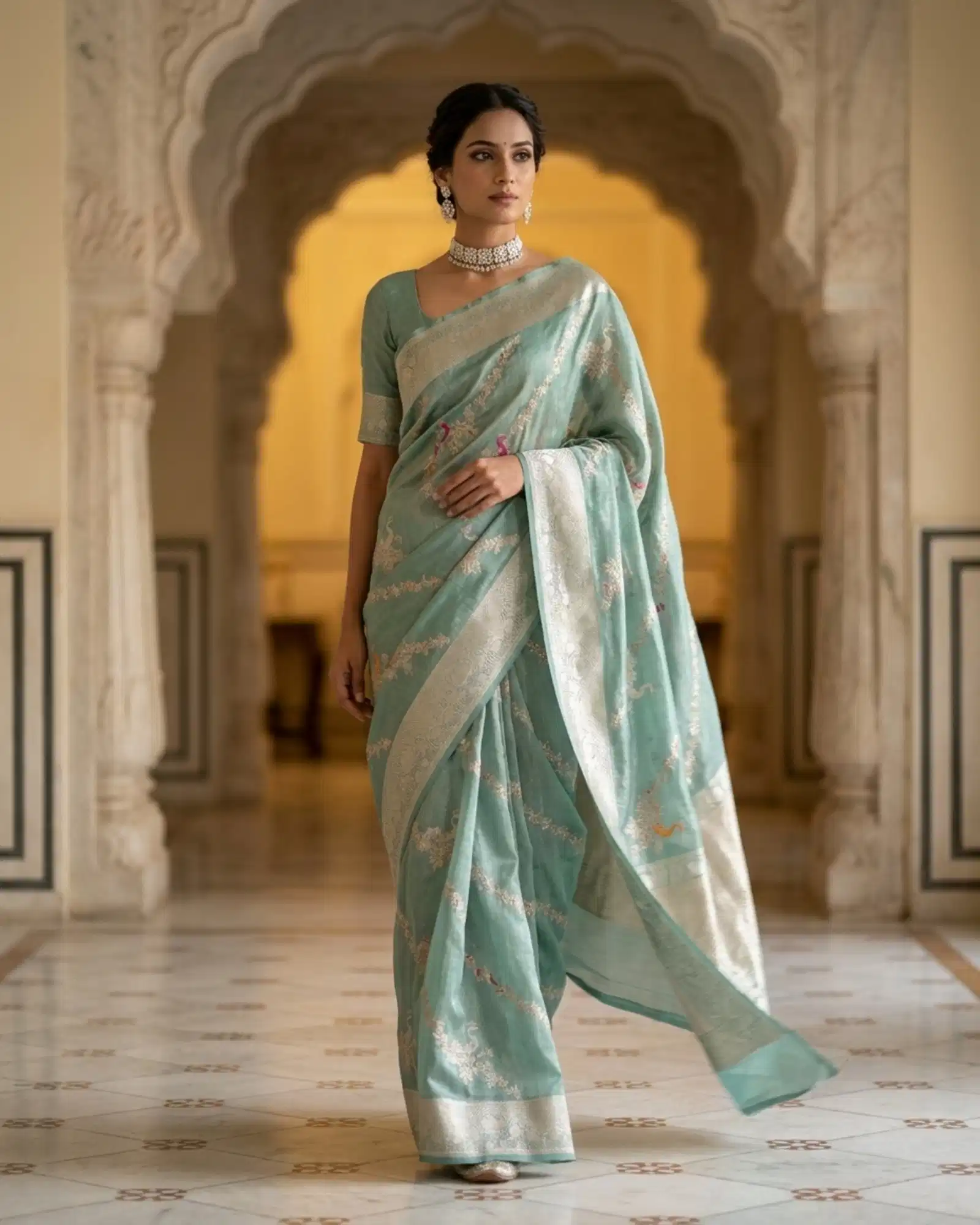 Seafoam Green Tissue Silk Kadwa Meenakari Banarasi Saree graceful walking drape