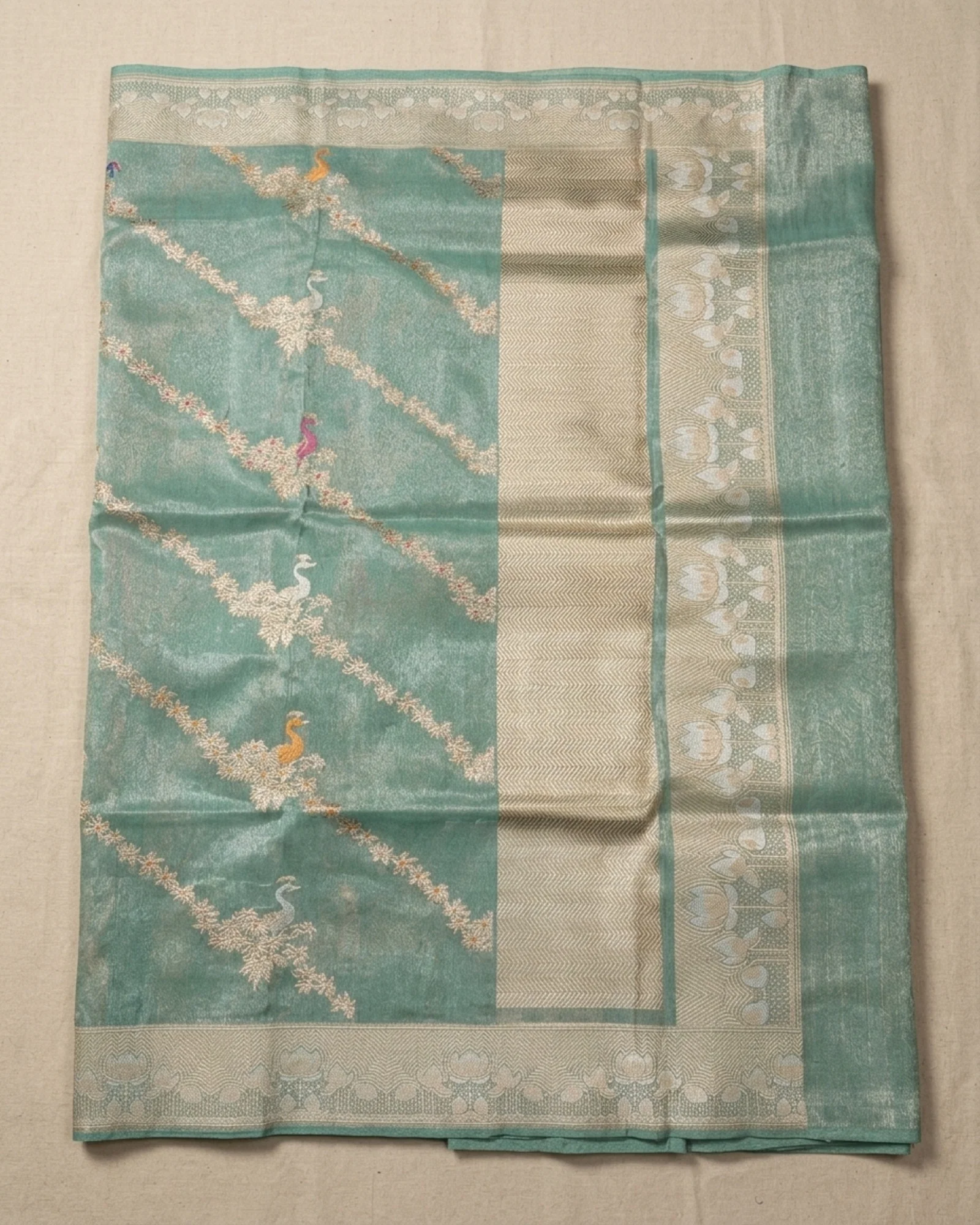 Original Seafoam Green Tissue Silk Kadwa Banarasi Saree showing body border and pallu