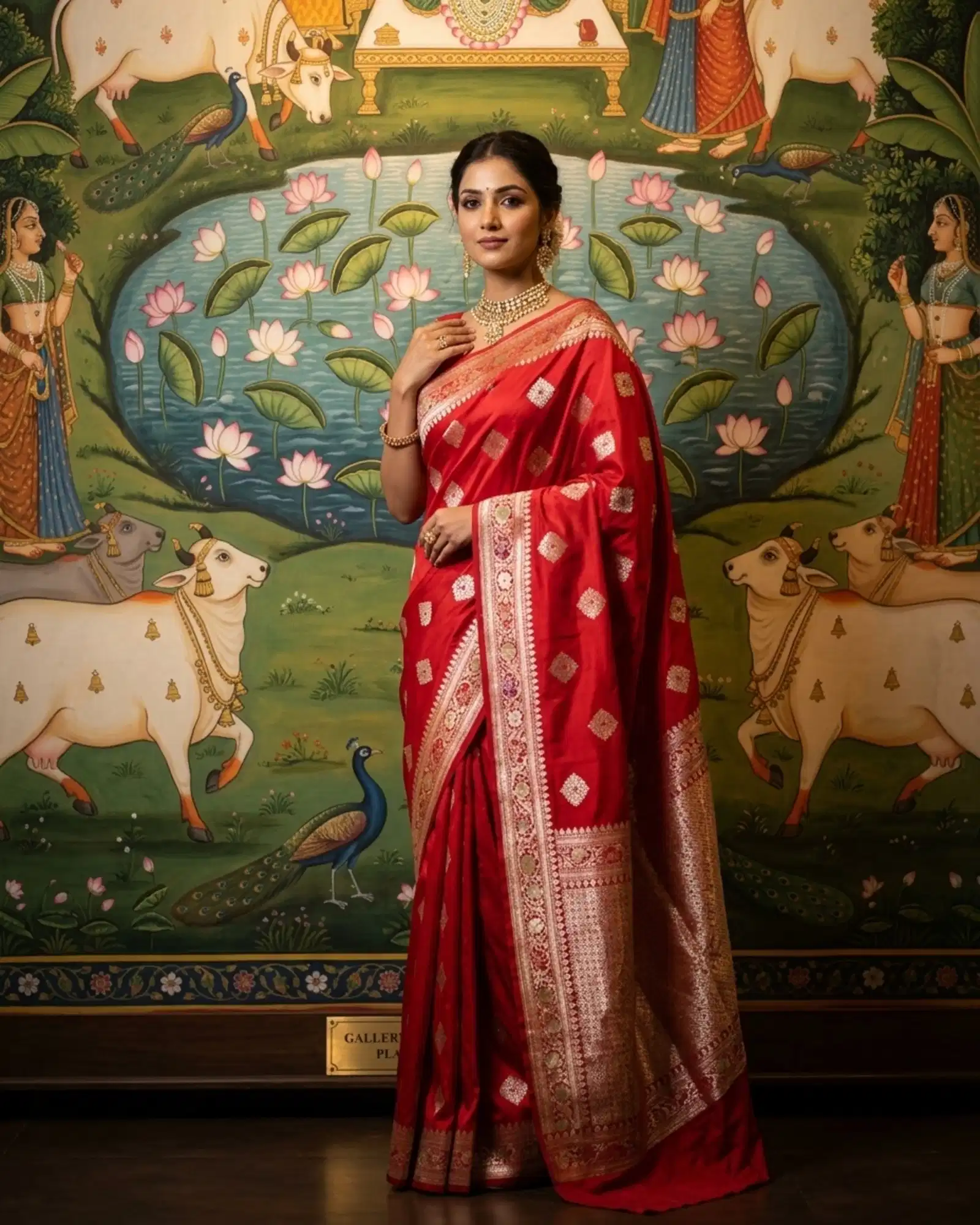 Vibrant Crimson Red Katan Silk Kadwa Meenakari Banarasi Saree Pichwai heritage portrait