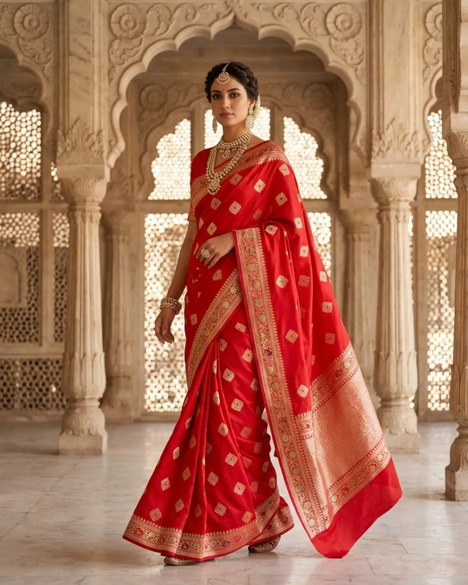 Vibrant Crimson Red Katan Silk Kadwa Meenakari Banarasi Saree graceful walking drape