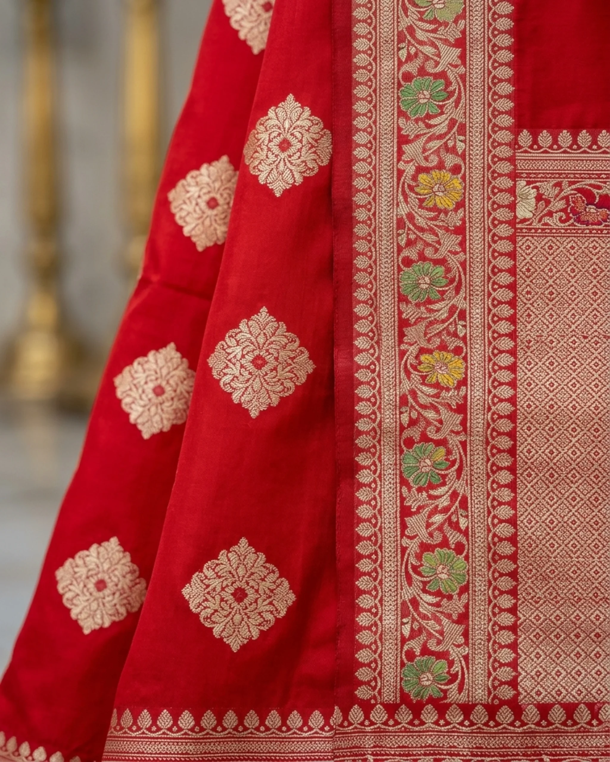 Vibrant Crimson Red Katan Silk Kadwa Meenakari Banarasi Saree border and diamond buta detail