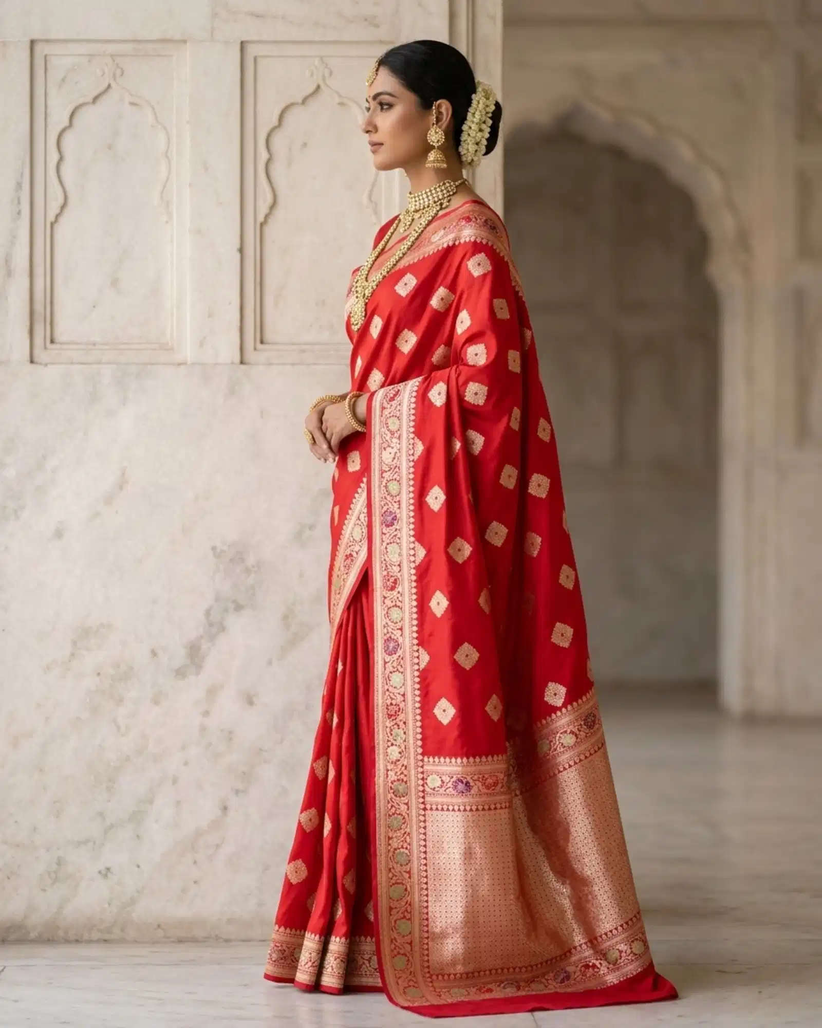 Vibrant Crimson Red Katan Silk Kadwa Meenakari Banarasi Saree side profile and pallu