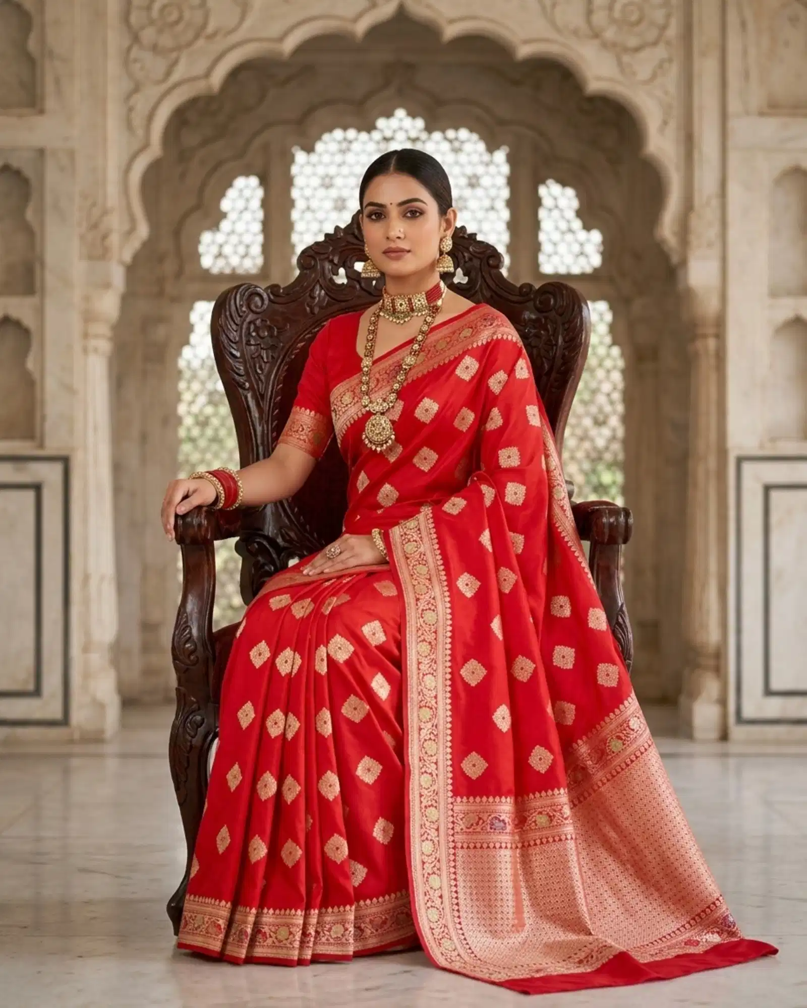 Vibrant Crimson Red Katan Silk Kadwa Meenakari Banarasi Saree regal seated view