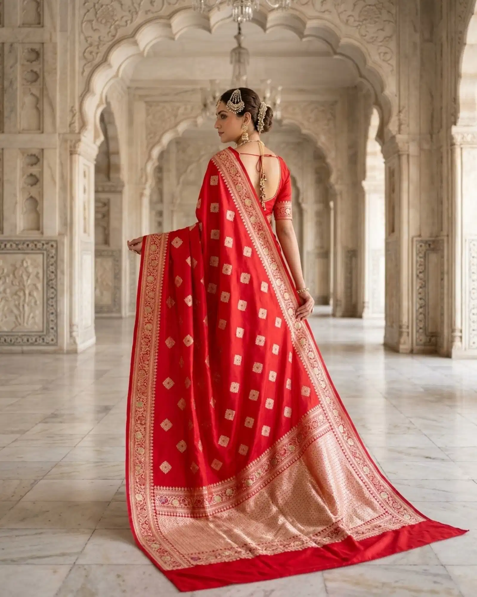 Vibrant Crimson Red Katan Silk Kadwa Meenakari Banarasi Saree rear pallu showcase