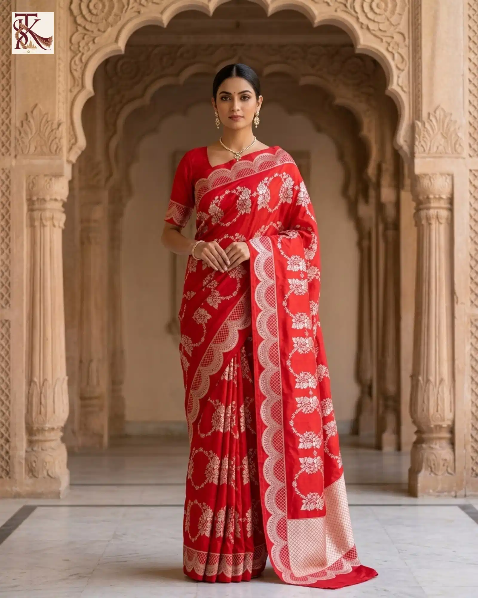 Vibrant Crimson Red Katan Silk Kadwa Banarasi Saree front standing view