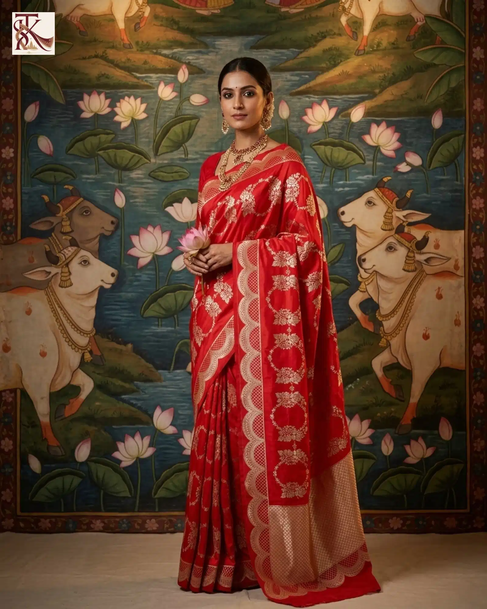 Vibrant Crimson Red Katan Silk Kadwa Banarasi Saree heritage mural portrait