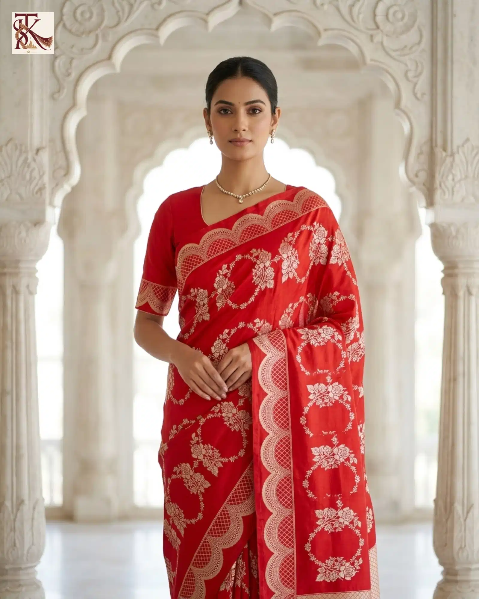 Vibrant Crimson Red Katan Silk Kadwa Banarasi Saree front portrait under heritage arch