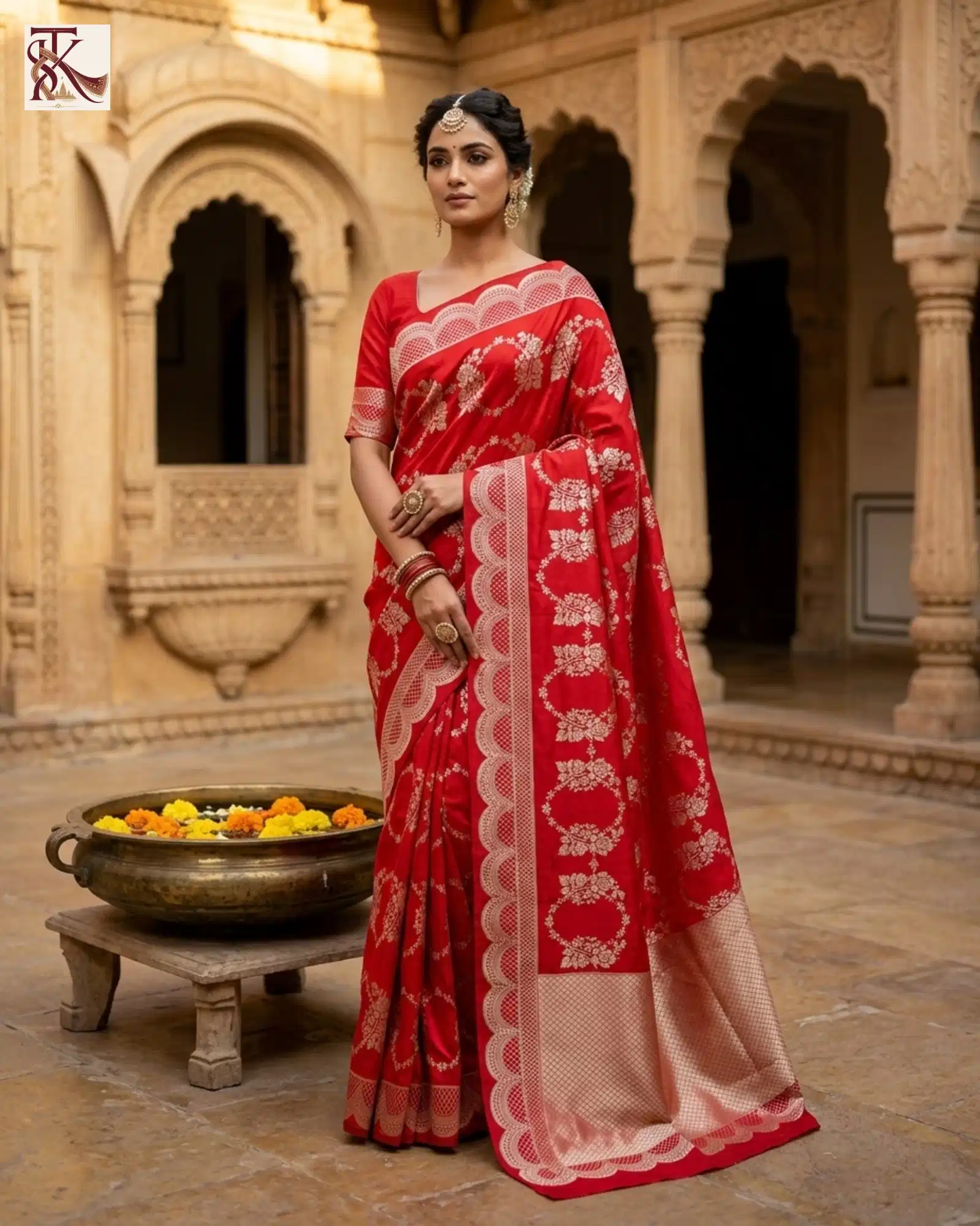 Vibrant Crimson Red Katan Silk Kadwa Banarasi Saree courtyard standing view