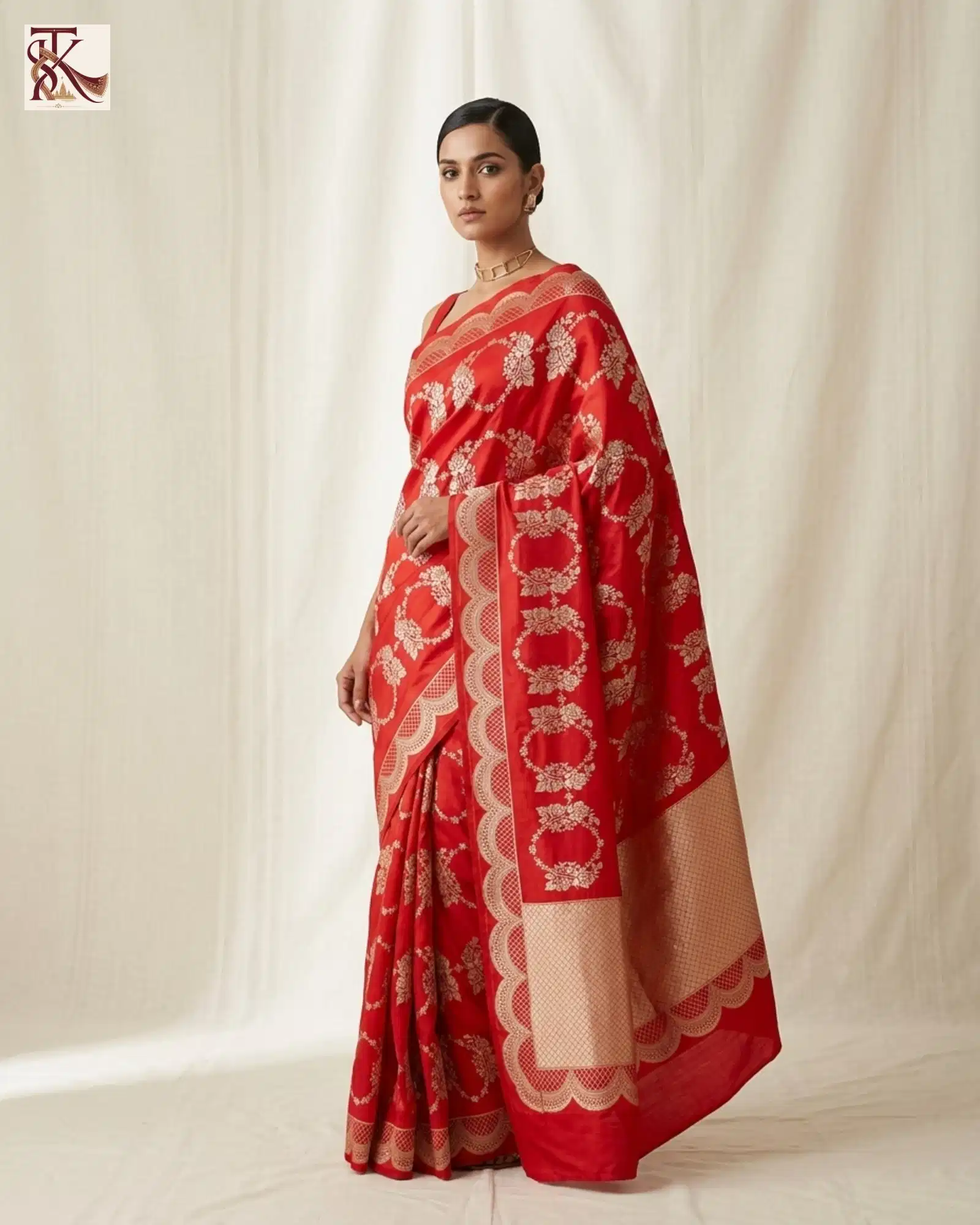 Vibrant Crimson Red Katan Silk Kadwa Banarasi Saree side drape studio view